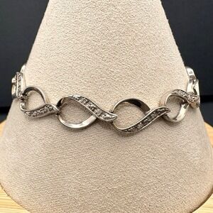 Vintage 925 Sterling Silver Pavé Crystal Accent Twisted Link Tennis Bracelet 7"